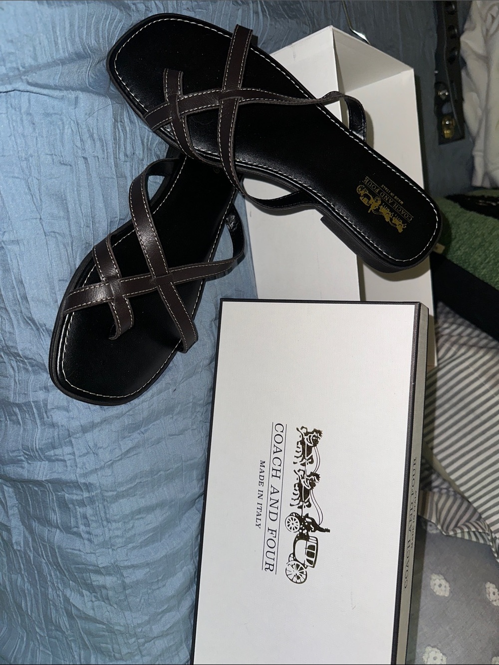 Coach and Four Dark Brown Leather Cross-Strap Sandals